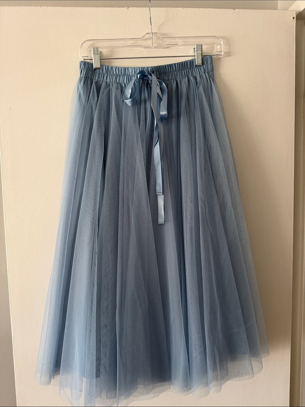 Choklate Paris Dusty Blue Tulle Midi Skirt Elastic Waist Ribbon Tie Size M/L